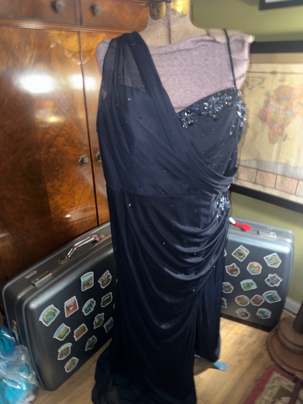 Vintage Xscape Joanna Chen Beaded One-Shoulder Gown | Navy Blue, Size 16W